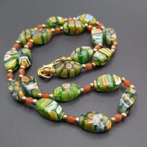 Vintage Millefiori Glass Necklace Green Orange Lampwork Beads 19 Inch